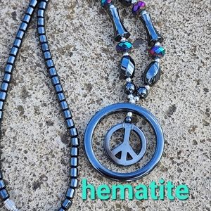 Magnetic hematite necklace w peace sign and Aurora Borealis glass beads unisex